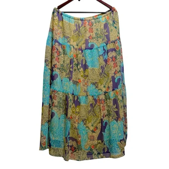 Coldwater Creek Blue, Green, and Teal Bohemian Print Tiered Maxi Skirt Sz Large - Picture 4 of 8